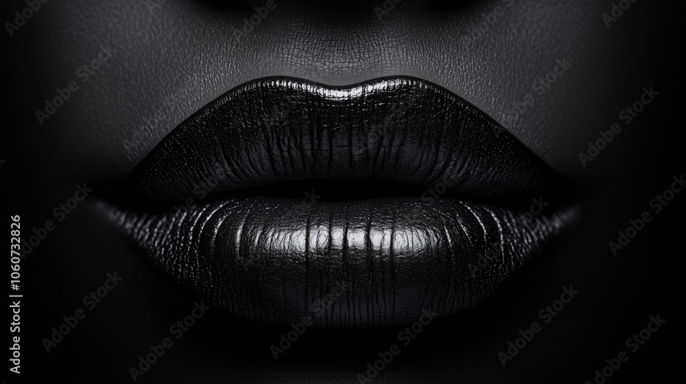 Close-up of shiny black lips in monochromatic setting Close-up of shiny black lips in monochromatic setting