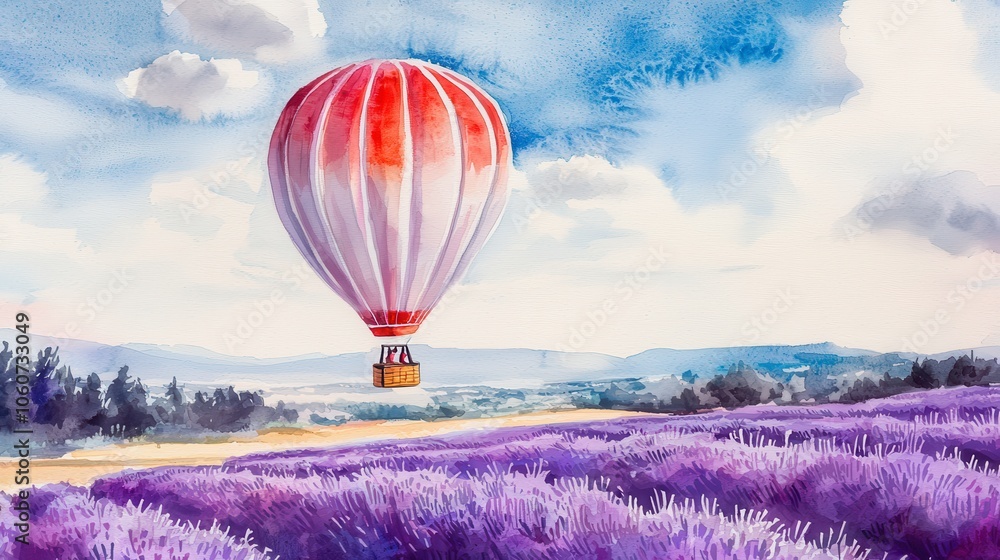 Fototapeta premium Colorful hot air balloon flying over blooming lavender fields under a blue sky.