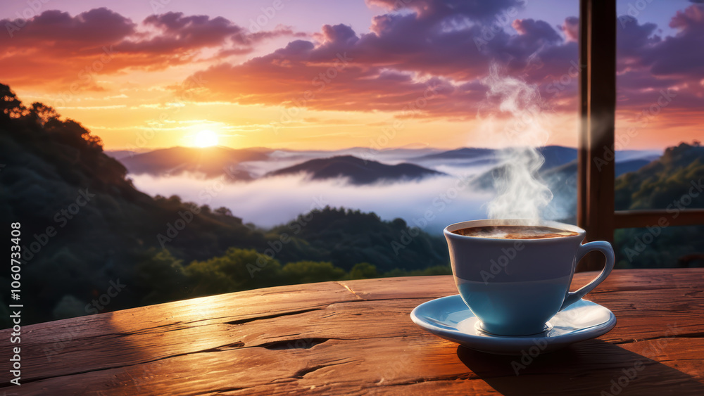 A cup of coffee on the table overlooking the mountains and clouds in the distance at sunset A cup of coffee on the table overlooking the mountains and clouds in the distance at sunset