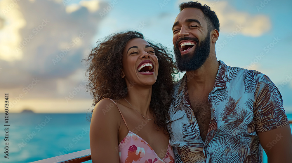 joyful couple laughing together on boat with beautiful ocean backdrop. Their happiness radiates as they enjoy moment joyful couple laughing together on boat with beautiful ocean backdrop. Their happiness radiates as they enjoy moment