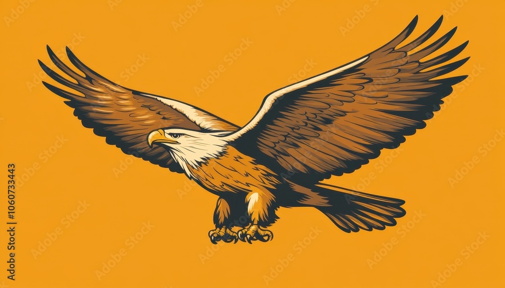 Obraz premium Engraved eagle logotype mascot soaring against a vibrant orange backdrop