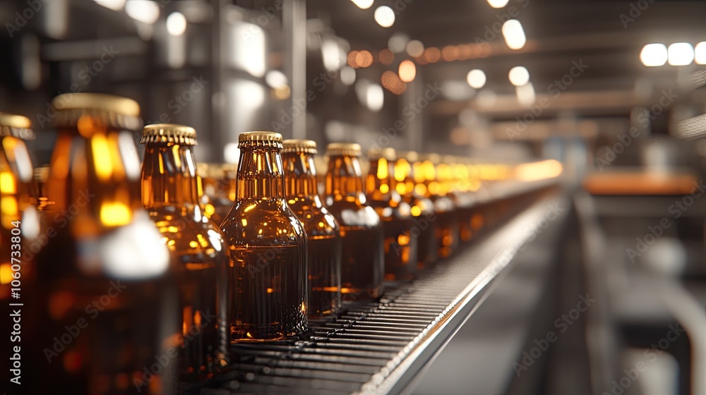 Bottles on conveyor belt in brewery. This photo can be used to represent the manufacturing and production of beverages. Bottles on conveyor belt in brewery. This photo can be used to represent the manufacturing and production of beverages.