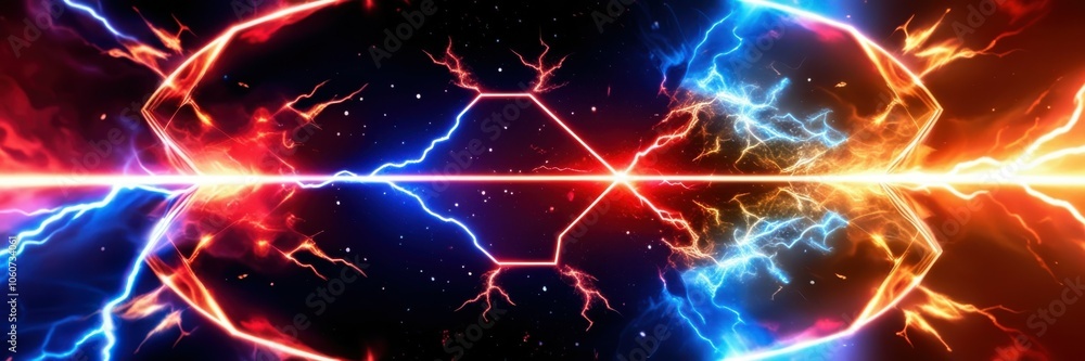 Electrical energy clash, fiery orange vs icy blue lightning, abstract background, intense power struggle, electrifying forces collide, dynamic plasma tendrils, cosmic energy battle, high contrast, vib Electrical energy clash, fiery orange vs icy blue lightning, abstract background, intense power struggle, electrifying forces collide, dynamic plasma tendrils, cosmic energy battle, high contrast, vib