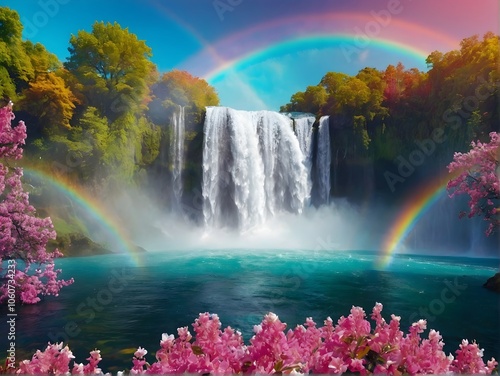A Serene Waterfall Nestled Amongst Vibrant and Colorful Flora in Natures Beauty