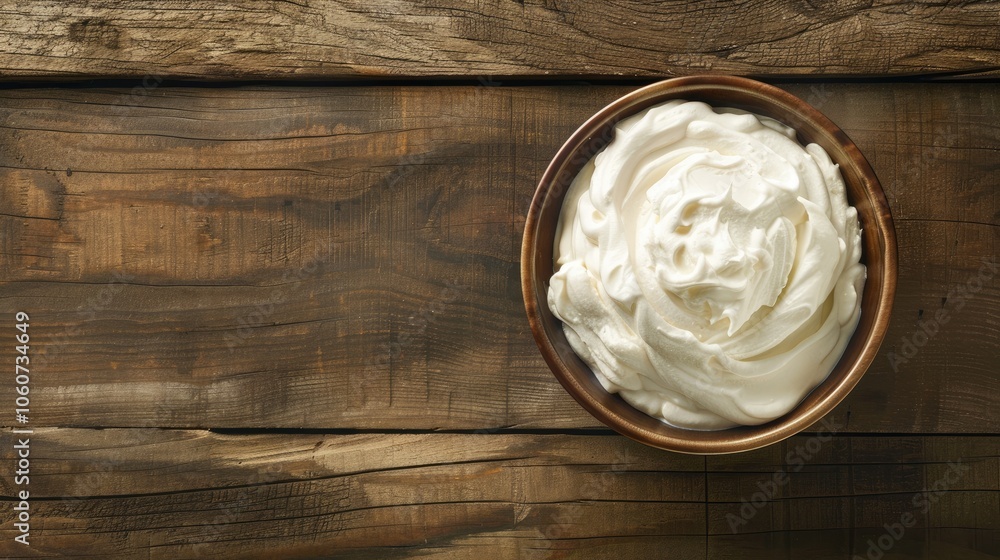 View of sour cream in bowl on wooden table, copy space available. View of sour cream in bowl on wooden table, copy space available.