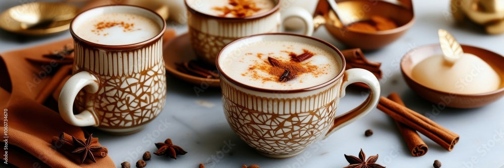 Creamy chai latte, ornate ceramic mugs, cinnamon sticks, star anise, rustic wooden table, warm autumn colors, cozy atmosphere, soft lighting, vintage spoons, ambient shadows, food photography, overhea Creamy chai latte, ornate ceramic mugs, cinnamon sticks, star anise, rustic wooden table, warm autumn colors, cozy atmosphere, soft lighting, vintage spoons, ambient shadows, food photography, overhea