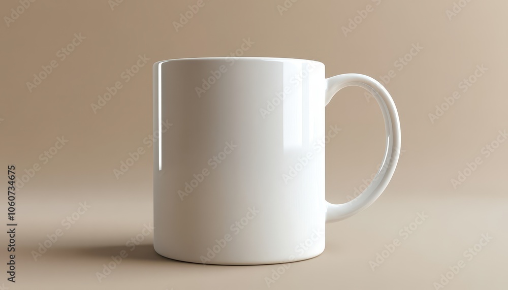 Close-up mockup of a blank white ceramic tea mug on a neutral background Close-up mockup of a blank white ceramic tea mug on a neutral background