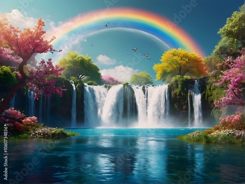 A Serene Waterfall Nestled Amongst Vibrant and Colorful Flora in Natures Beauty