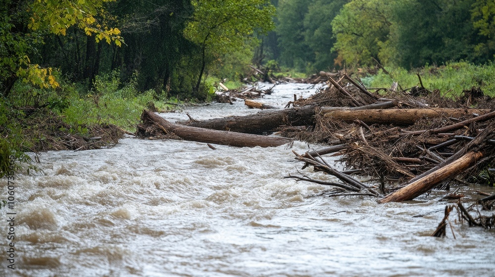 Rapid River Flowing Through Fallen Trees and Debris in Lush Forest Landscape