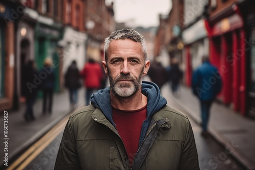 Portrait of a middle-aged man in a city street.