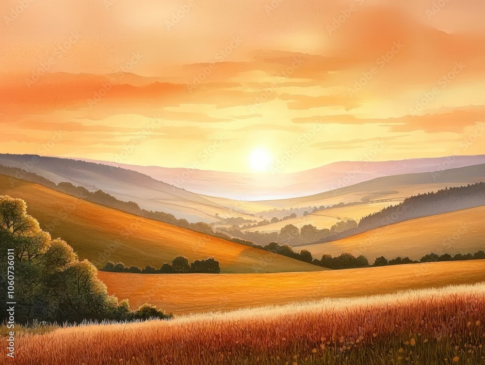 Fototapeta premium Stunning sunset over rolling hills, showcasing vibrant colors and serene nature.