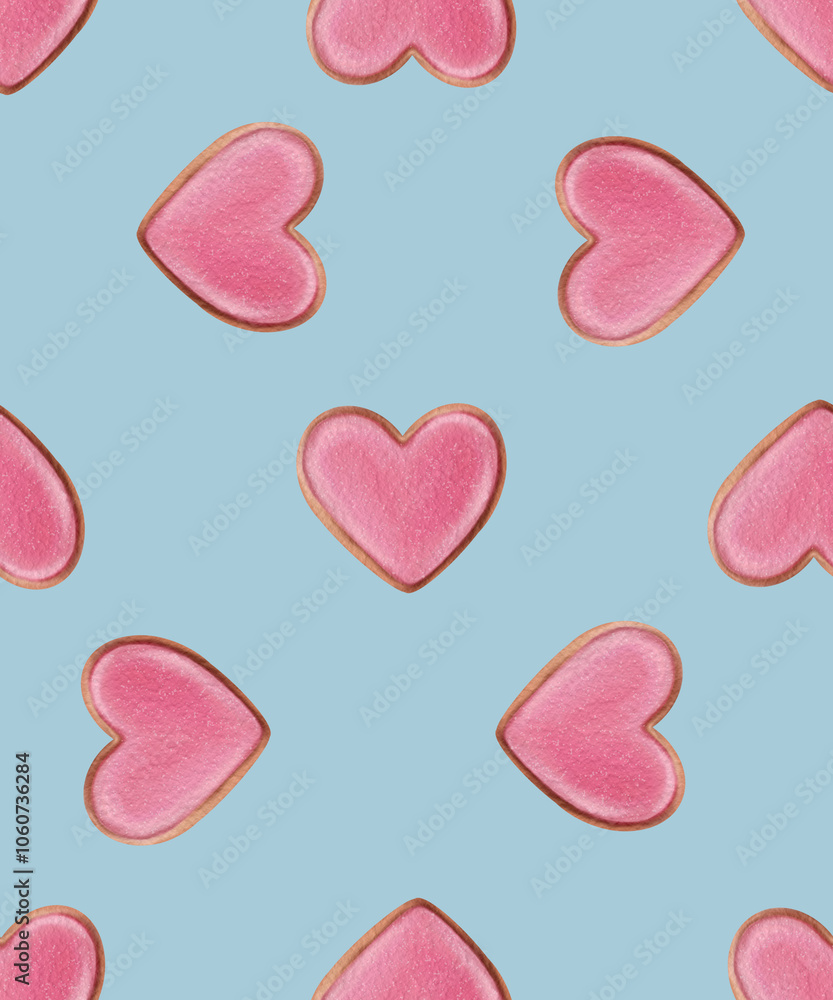 Romantic Watercolor Seamless Pattern, Heart-Shaped Gingerbread Cookies, Biscuits, Valentine's Day and Weddings, Featuring Delicate Textures and a Soft Artistic Touch Romantic Watercolor Seamless Pattern, Heart-Shaped Gingerbread Cookies, Biscuits, Valentine's Day and Weddings, Featuring Delicate Textures and a Soft Artistic Touch