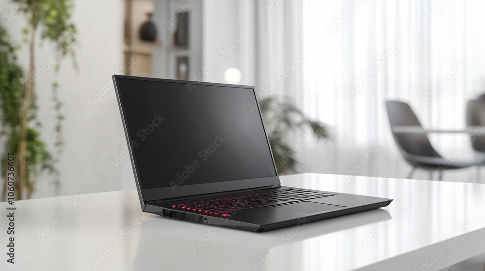 Black Laptop Computer on White Table with Blurred Background Black Laptop Computer on White Table with Blurred Background