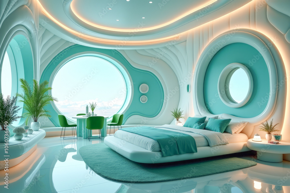 futuristic bedroom with smooth lines and round large windows futuristic bedroom with smooth lines and round large windows