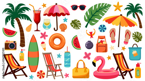 Cartoon summer elements, travel, beach, summertime accessory. Cocktails, ice cream and exotic fruits vector illustration set. Palm and serfing board. Umbrella and sunglasses