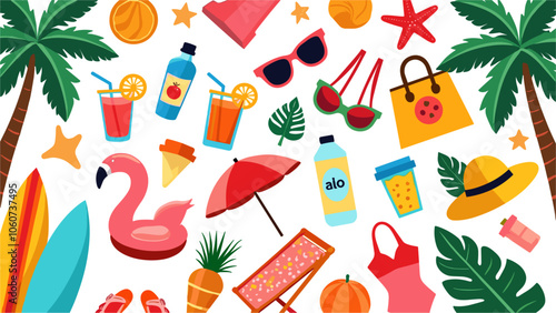 Cartoon summer elements, travel, beach, summertime accessory. Cocktails, ice cream and exotic fruits vector illustration set. Palm and serfing board. Umbrella and sunglasses