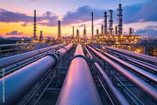 Pipelines at an oil refinery at sunset. The photo depicts the intricate network of pipes used to transport oil and gas.