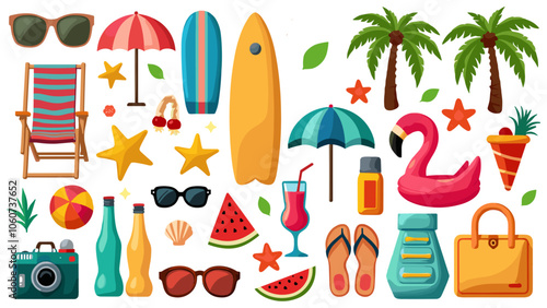 Cartoon summer elements, travel, beach, summertime accessory. Cocktails, ice cream and exotic fruits vector illustration set. Palm and serfing board. Umbrella and sunglasses