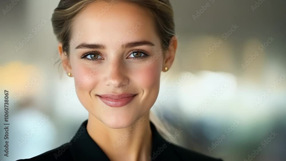 Young woman with warm smile and natural makeup, exuding confidence and professionalism in soft focus portrait, showcasing beauty in bright environment. Young woman with warm smile and natural makeup, exuding confidence and professionalism in soft focus portrait, showcasing beauty in bright environment.