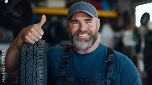 Wallpaper Mural mechanic smiling and giving thumbs up while holding new tire, showcasing confidence and satisfaction in his work Torontodigital.ca