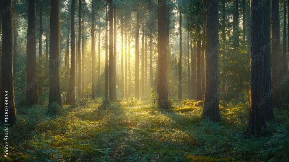 Obraz premium Sundrenched forest, tranquil sunlight filters through majestic trees, illuminating a serene woodland scene