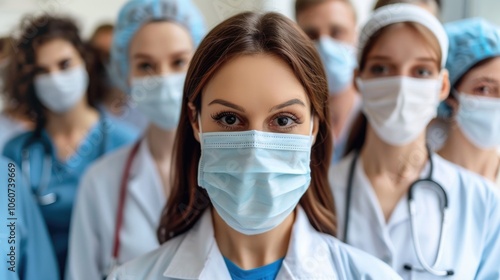 A group of healthcare professionals wearing surgical masks and scrubs, ready for patient care. The focus is on the woman in the center with a confident expression.