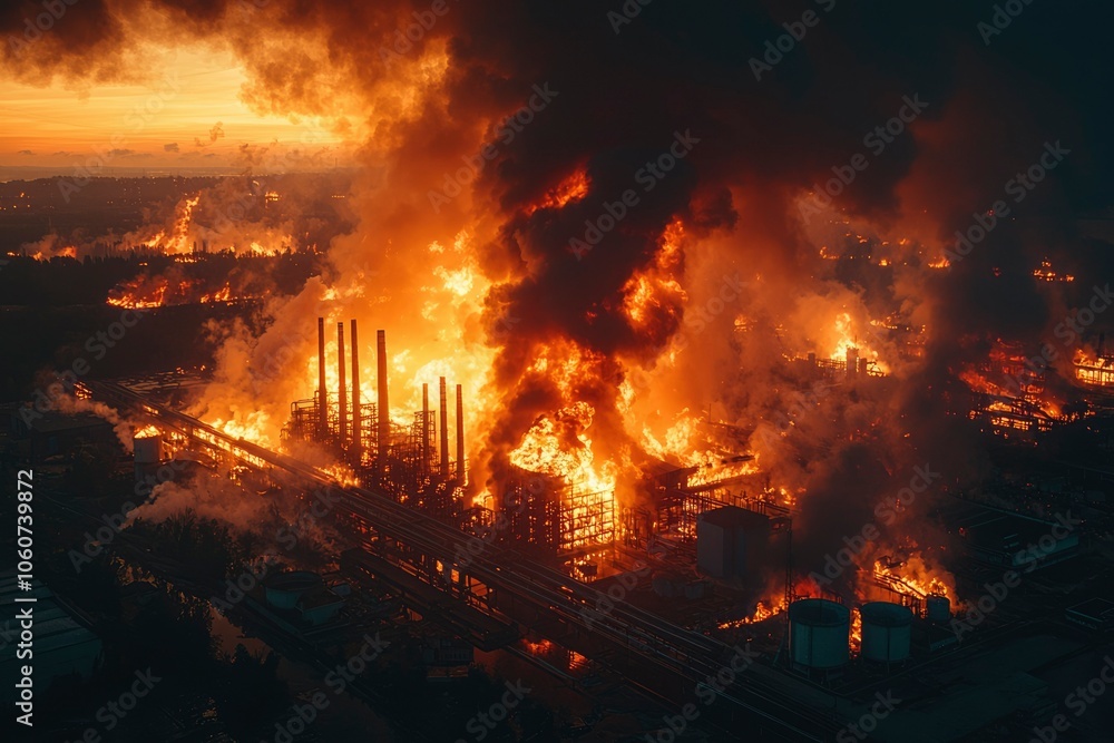 Aerial View of a Large Industrial Complex Engulfed in Flames Aerial View of a Large Industrial Complex Engulfed in Flames