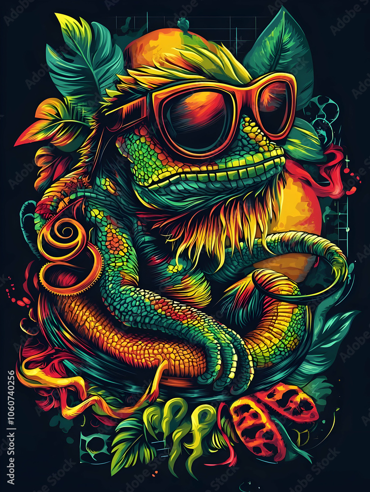 A colorful, stylized illustration of a chameleon wearing sunglasses amidst tropical foliage. A colorful, stylized illustration of a chameleon wearing sunglasses amidst tropical foliage.