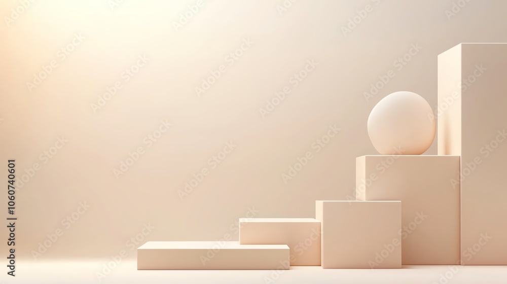 Minimalistic composition of geometric shapes in soft light, featuring a sphere on steps, ideal for abstract design concepts. Minimalistic composition of geometric shapes in soft light, featuring a sphere on steps, ideal for abstract design concepts.