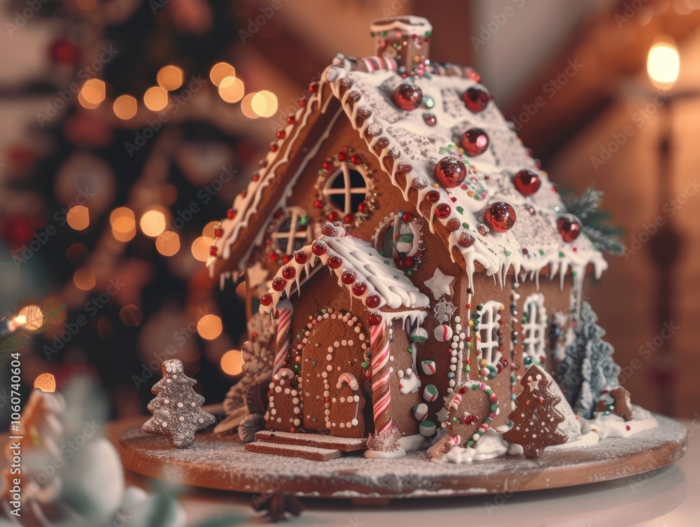 A gingerbread house with icing windows and red candy details, perfect for holiday festivities. A gingerbread house with icing windows and red candy details, perfect for holiday festivities.