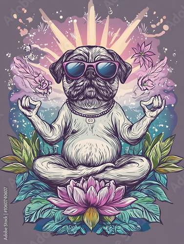 A meditative pug wearing sunglasses, surrounded by flowers and vibrant colors.