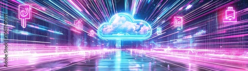 Explore the Futuristic Glow of a Synthwave-Inspired Cloud Image with Dynamic Neon Effects and Vibrant Colors photo