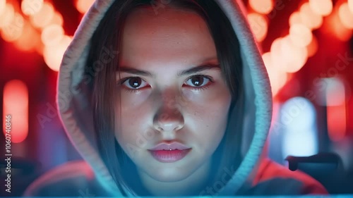 Focused Woman in Hoodie Working on Laptop Amidst Urban Night Lights, Embracing Technology with Blue and Red Light for Enhanced Concentration photo