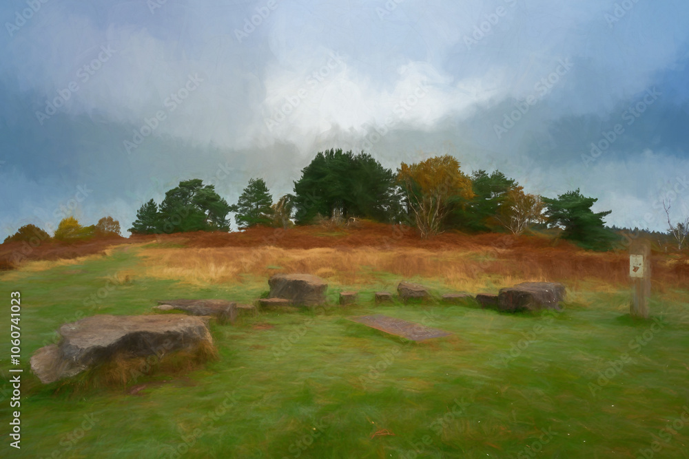 Obraz premium Digital oil painting of the Berkswich millennium human sundial at Cannock Chase, Staffordshire.