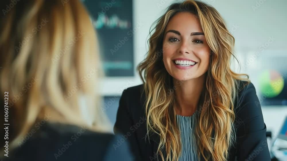 Smiling woman with long, wavy hair engages in professional conversation in office, showcasing confidence and warmth amidst charts and graphs in business environment. Smiling woman with long, wavy hair engages in professional conversation in office, showcasing confidence and warmth amidst charts and graphs in business environment.