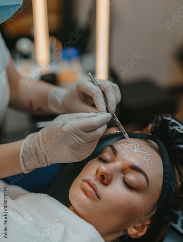 A woman receiving beauty treatment at a salon, with a cosmetician applying services to her face.