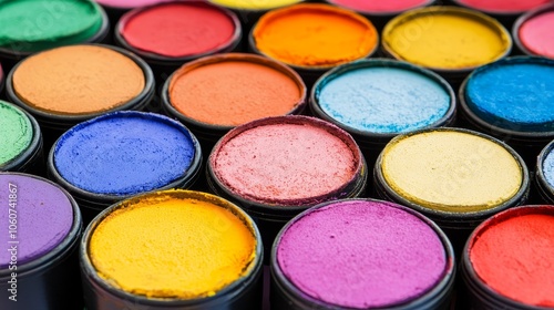 A vibrant collection of colorful paint pots arranged neatly for artistic use. photo