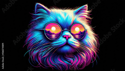 Cat on a black background wearing round sunglasses reflecting the sunset