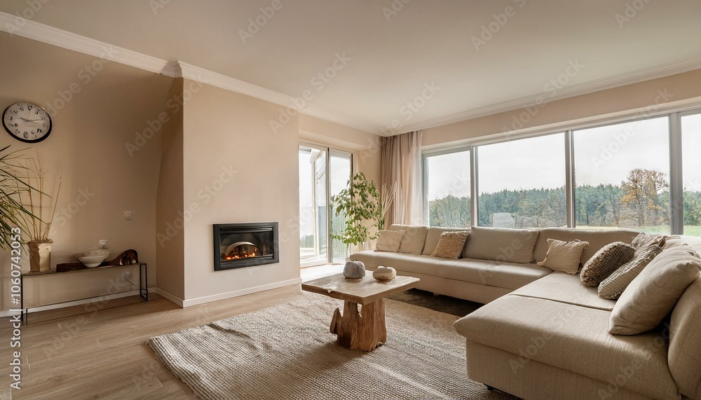 Fototapeta premium Beige home living room interior with fireplace, decoration and panoramic window