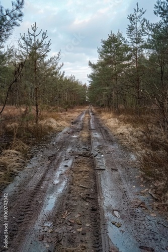 An unpaved, muddy path through the woods.