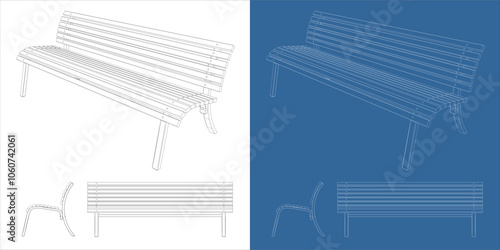 Outdoor park bench vector technical drawing blueprint line illustration isolated on transparent background.