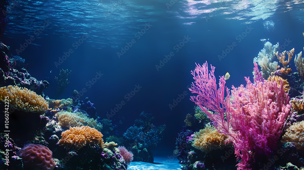 Fototapeta premium Serene underwater landscape with thriving coral garden. Underwater Coral Garden. Illustration