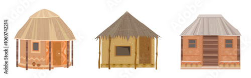 collection of african huts. isolated set of ethnic clay houses with thatched roofs.  vector illustration of cartoon rural buildings
