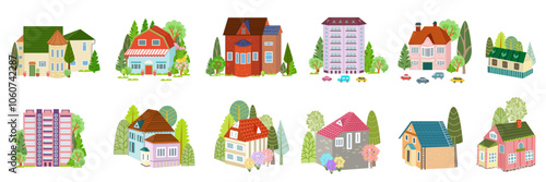 collection of town houses. isolated set of city buildings surrounded by trees.  vector illustration of cartoon cottage house with blooming plants