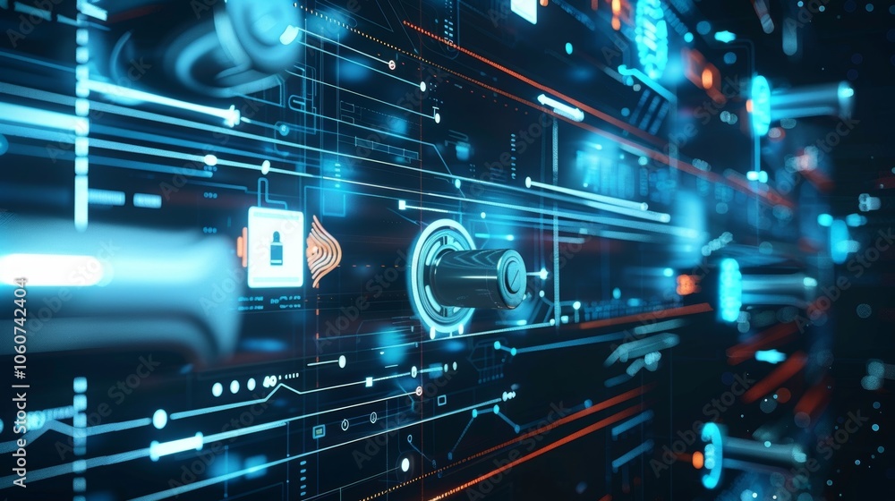 Fototapeta premium Futuristic toggle switch activating a digital security system with fingerprint scanner, biometric authentication, and data encryption, representing advanced cybersecurity technology