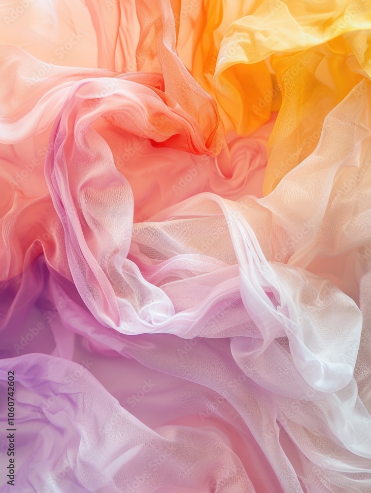 Vibrant blend of warm colors on silk-like fabric. Flowing and freeform design. Vibrant blend of warm colors on silk-like fabric. Flowing and freeform design.