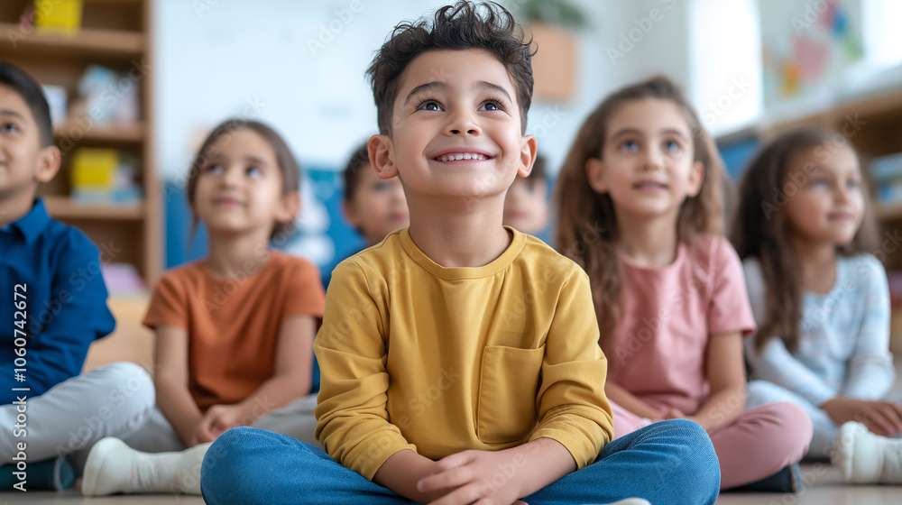 Happy children sitting on floor in classroom, engaged and smiling. Their expressions reflect joy and curiosity, creating warm and inviting atmosphere Happy children sitting on floor in classroom, engaged and smiling. Their expressions reflect joy and curiosity, creating warm and inviting atmosphere