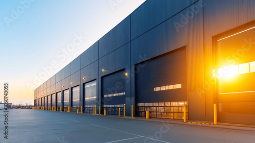 large modern warehouse with blue metal cladding and sunset lighting, showcasing its industrial design and spacious loading area