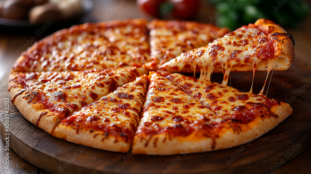 Perfectly cooked large cheese pizza with gooey melted cheese pull close-up Perfectly cooked large cheese pizza with gooey melted cheese pull close-up