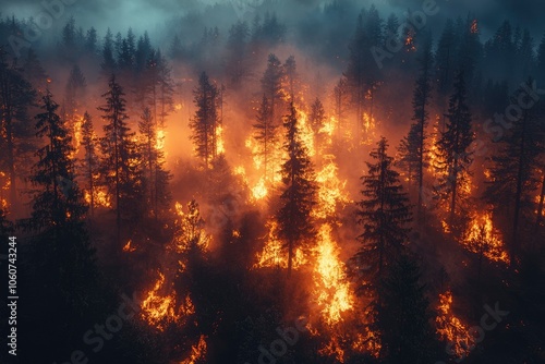 Aerial View of a Forest Fire with Smoke and Flames